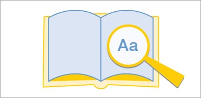 Libro abierto con las páginas en azul claro, acompañado de una lupa amarilla que resalta las letras “Aa”, símbolo de lectura, texto o revisión de contenido.
